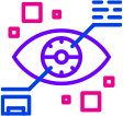 Pictogramme d'un cyber oeil violet avec des carrés style carte informatique auoutr roses et bleu.