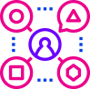 Pictogramme icone bonhomme violet entouré de bulles à différentes formes géométriques (rond, carré, hexagone, triangles) rose et bleus, cela représente l'expérienec des utilisateurs.