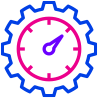 Picto roue dentée bleue autour d'une horloge rose et violette, l'image représente la performance